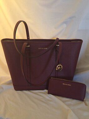 Michael Kors Burgundy Tote + Matching Wallet -- Large, Gold Hardware